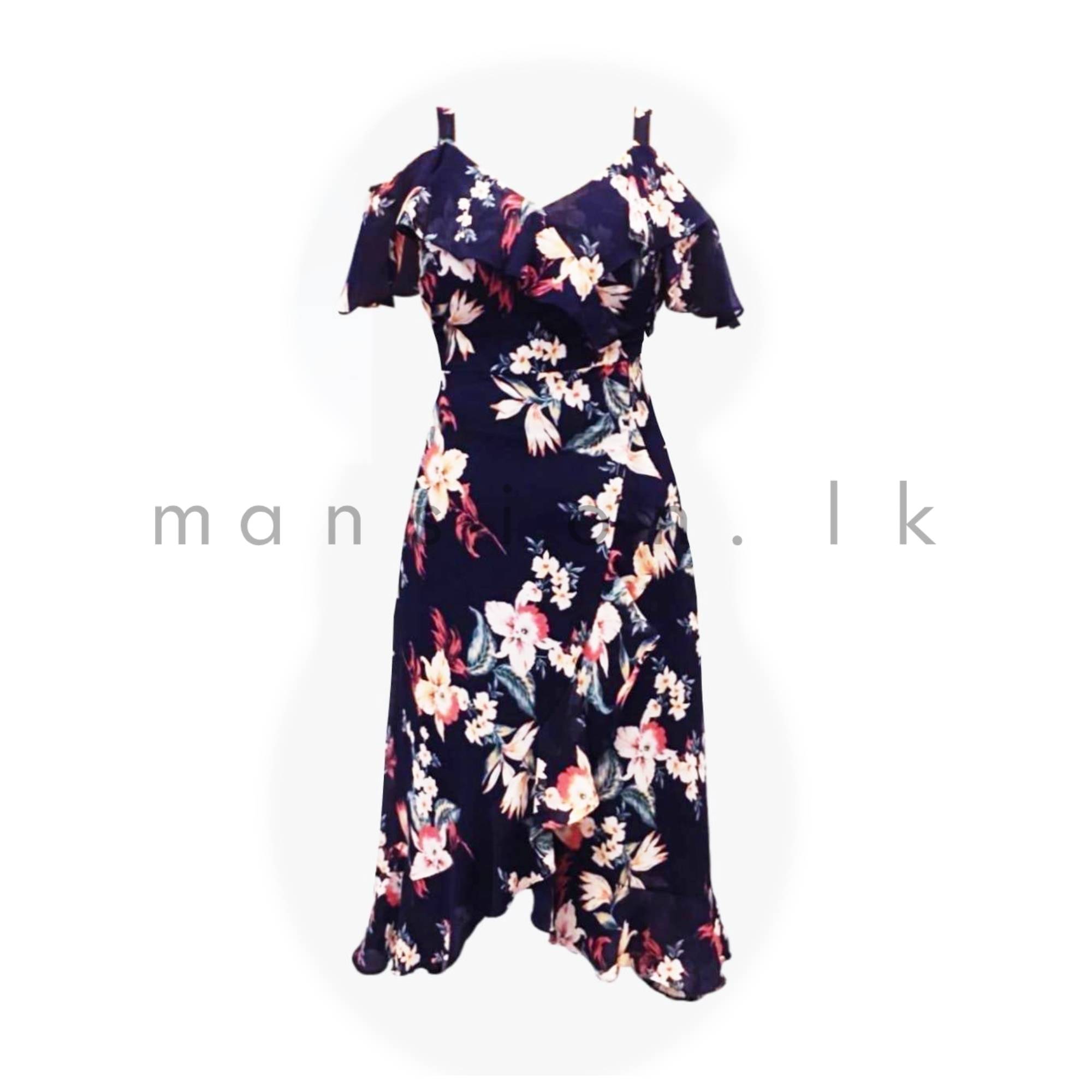 Cold-Shoulder-Printed-Dress-Blue.jpg Cold Shoulder Printed Dress - Blue - Image 1