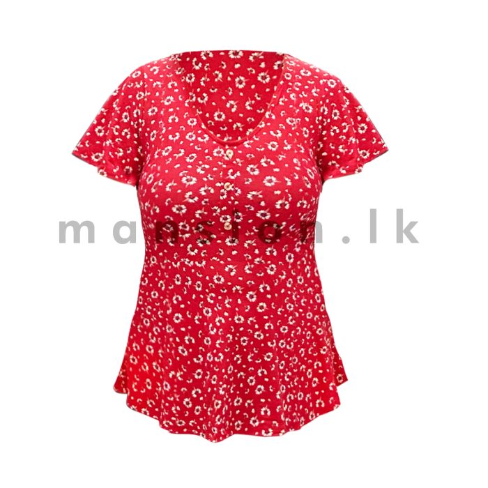 Flare Sleeve Peplum T-shirt - Red - Image 1