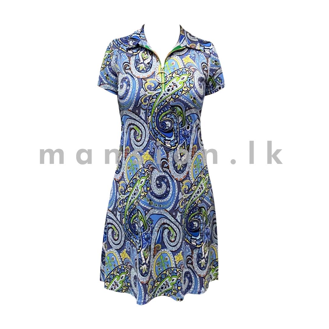 Half-Zip-up-Short-Sleeves-Dress-Blue.jpg Half Zip-up Short Sleeves Dress - Blue - Image 1