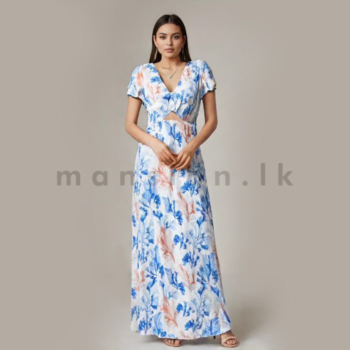 Front Knot Long Dress - Blue - Image 1