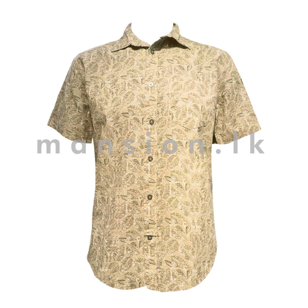 Leaf-Sketch-Printed-Short-Sleeve-Shirt-Beige.jpg Leaf Sketch Printed Short Sleeve Shirt - Beige - Image 1