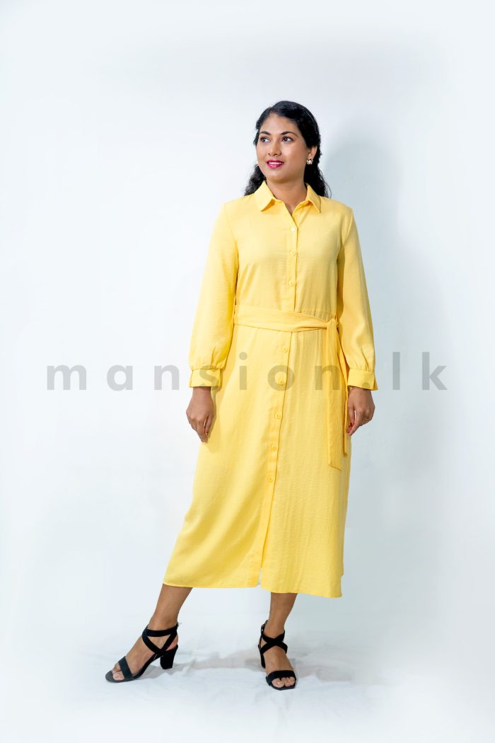 Button Open Long Dress with Belt - Yellow - Image 3