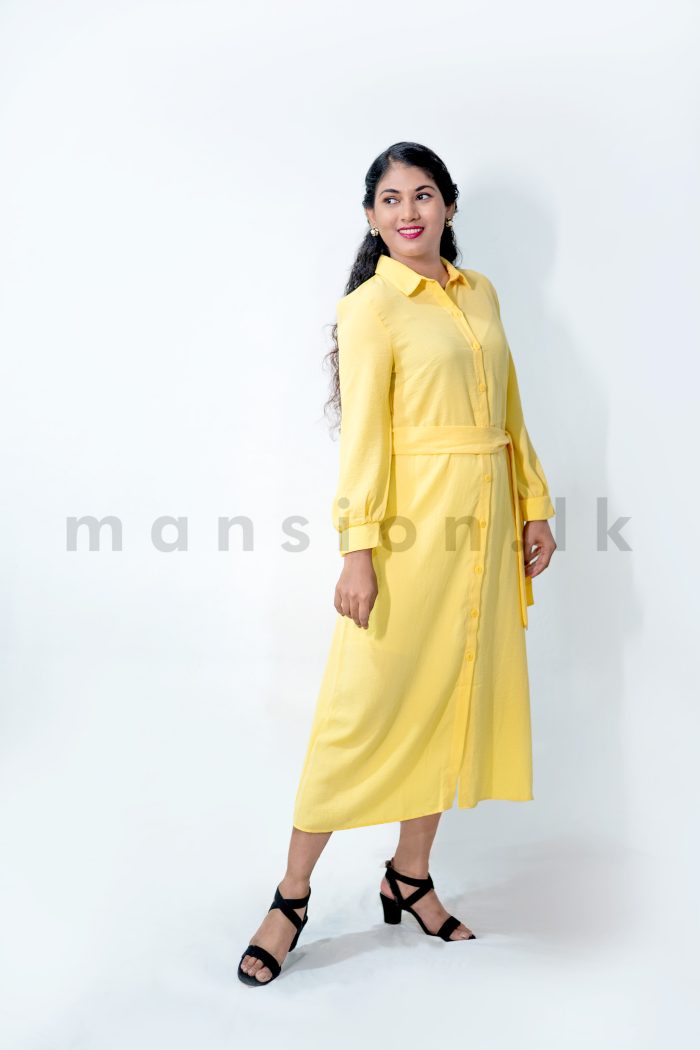 Button Open Long Dress with Belt - Yellow - Image 2