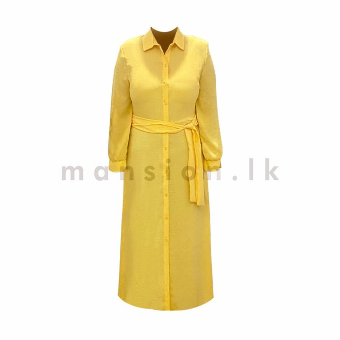 Button Open Long Dress with Belt - Yellow - Image 4