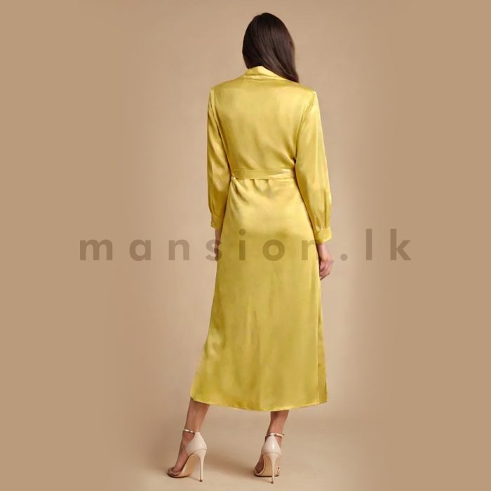 Button Open Long Dress with Belt - Yellow - Image 6