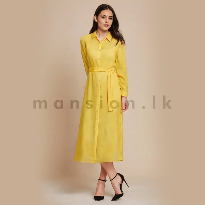 Button Open Long Dress with Belt - Yellow - Image 1