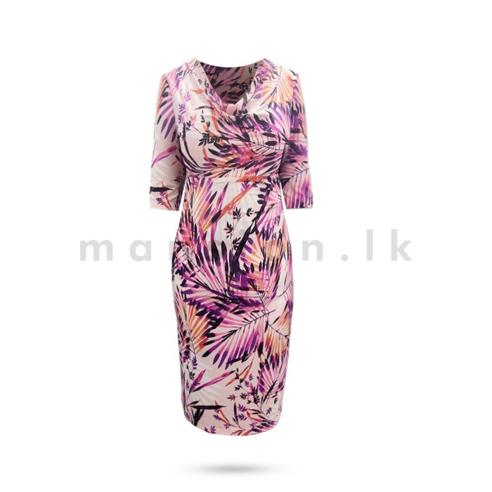 Cowl Neck Bodycon Dress - Pink Leafy - Image 5