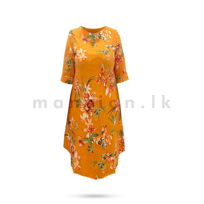 Printed Linen Dress - Orange - Image 4
