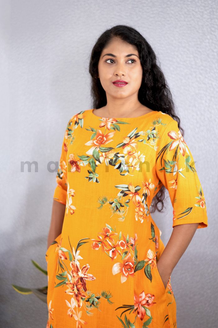 Printed Linen Dress - Orange - Image 3