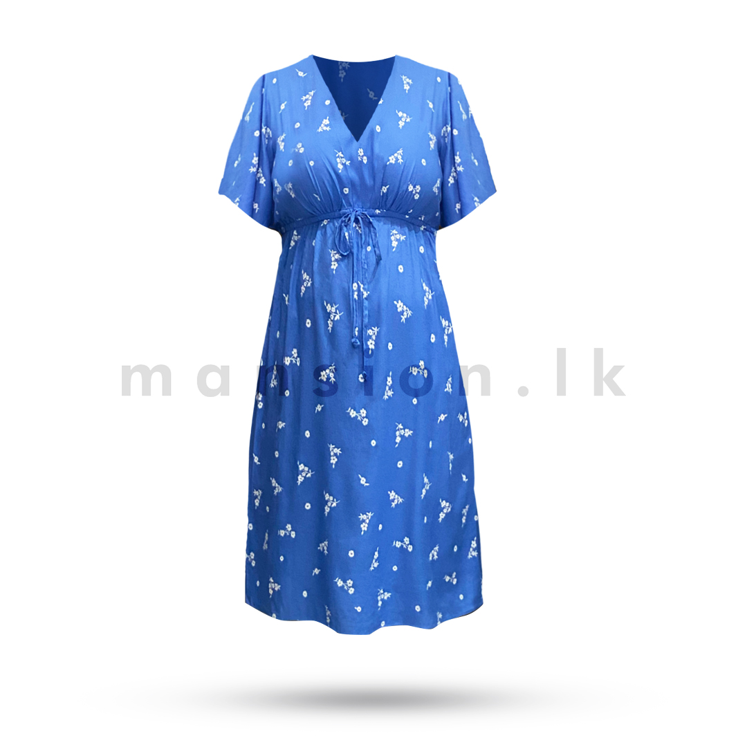 LD 8875 front V Neck Short Dress - Blue V Neck Short Dress - Blue - Image 1