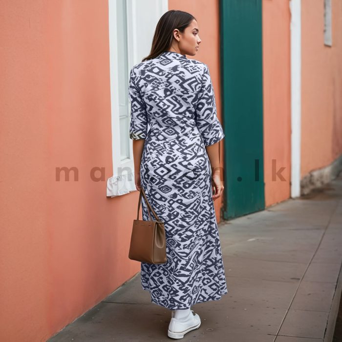 Half Sleeves Printed Linen Dress - Blue - Image 3