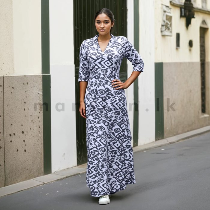 Half Sleeves Printed Linen Dress - Blue - Image 1