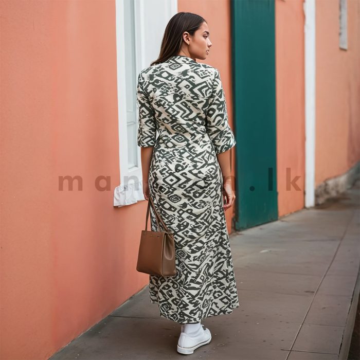 Half Sleeves Printed Linen Dress - Green - Image 3