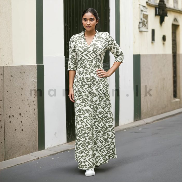 Half Sleeves Printed Linen Dress - Green - Image 1
