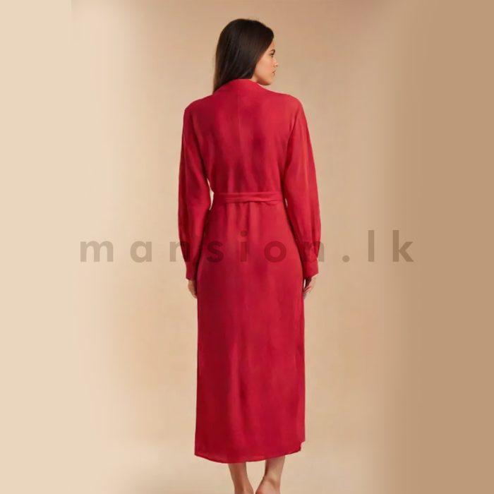 Button Open Long Dress with Belt - Red - Image 4