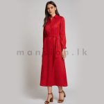 Button Open Long Dress with Belt - Red