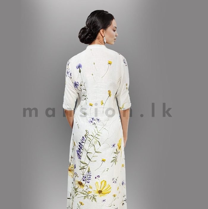 Half Sleeves Printed Linen Dress - White Floral - Image 2