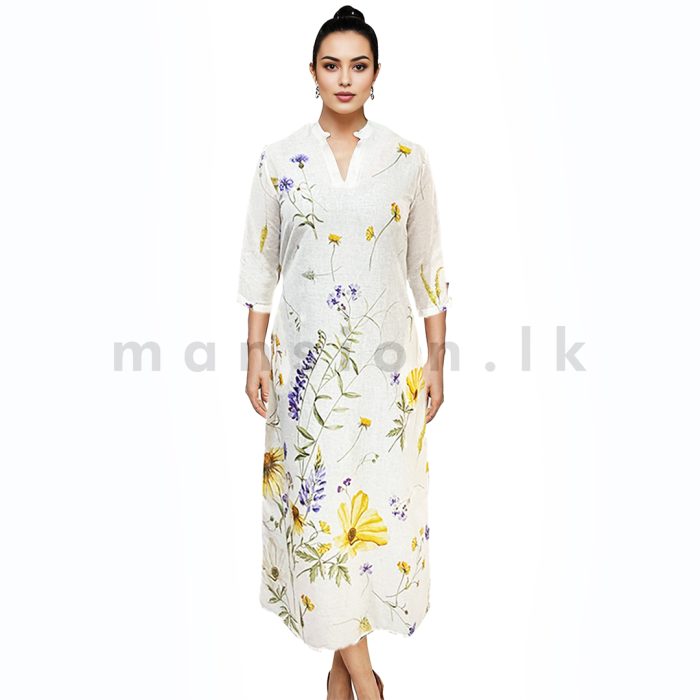 Half Sleeves Printed Linen Dress - White Floral - Image 1