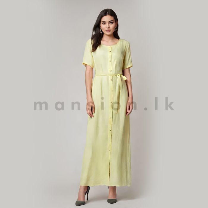 Button Up Linen Dress - Yellow - Image 1