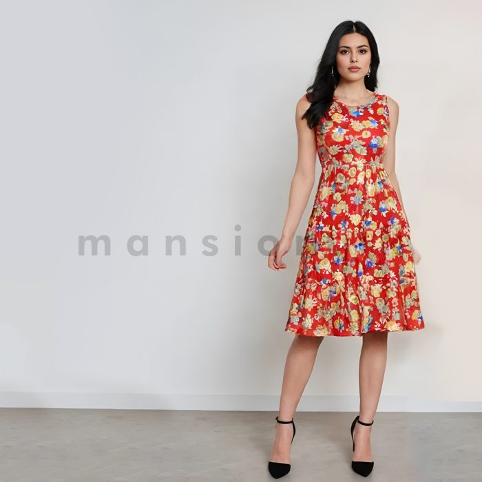 Sleeveless Short Tiered Dress - Red Floral - Image 1