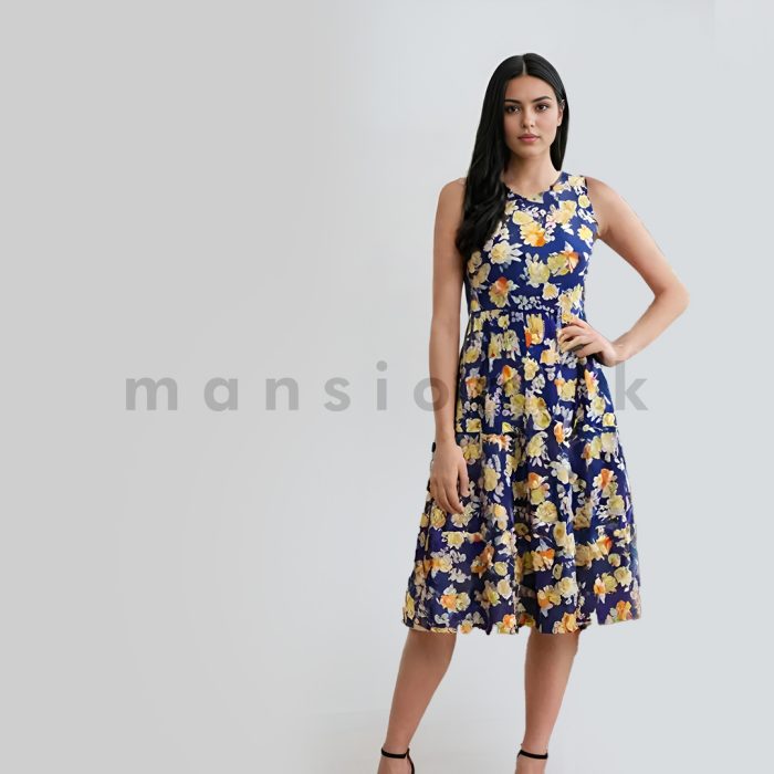 Sleeveless Short Tiered Dress - Blue Floral - Image 1