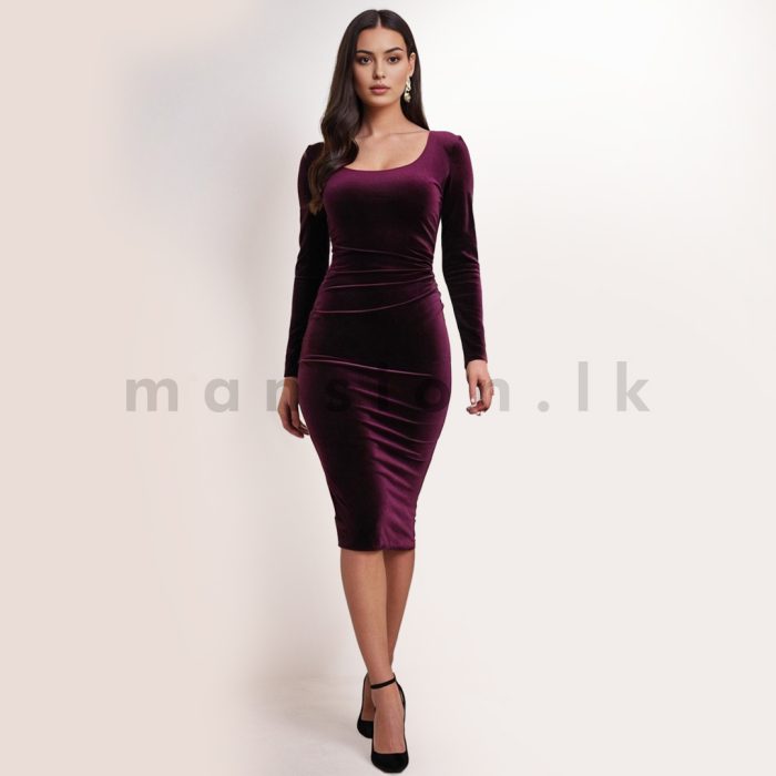 Side Rouched Bodycon Velvet Dress - Purple - Image 1