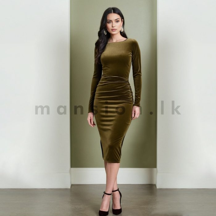 Side Rouched Bodycon Velvet Dress - Olive - Image 1