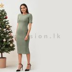 High Neck Bodycon Plain Dress - Laurel Green