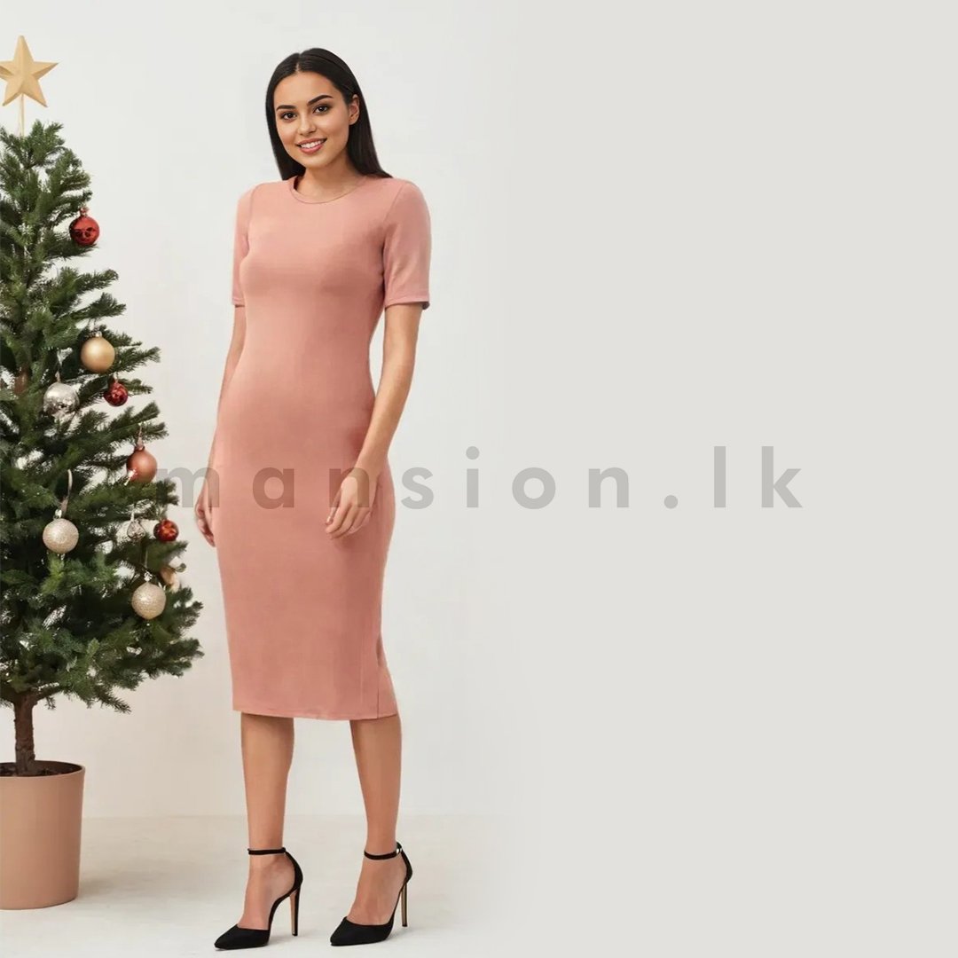 LD 9242 front High Neck Bodycon Plain Dress - Nude Pink High Neck Bodycon Plain Dress - Nude Pink - Image 1