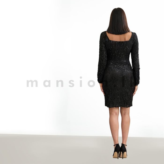 Bishop Sleeve Sequin Short Dress - Black - Image 3