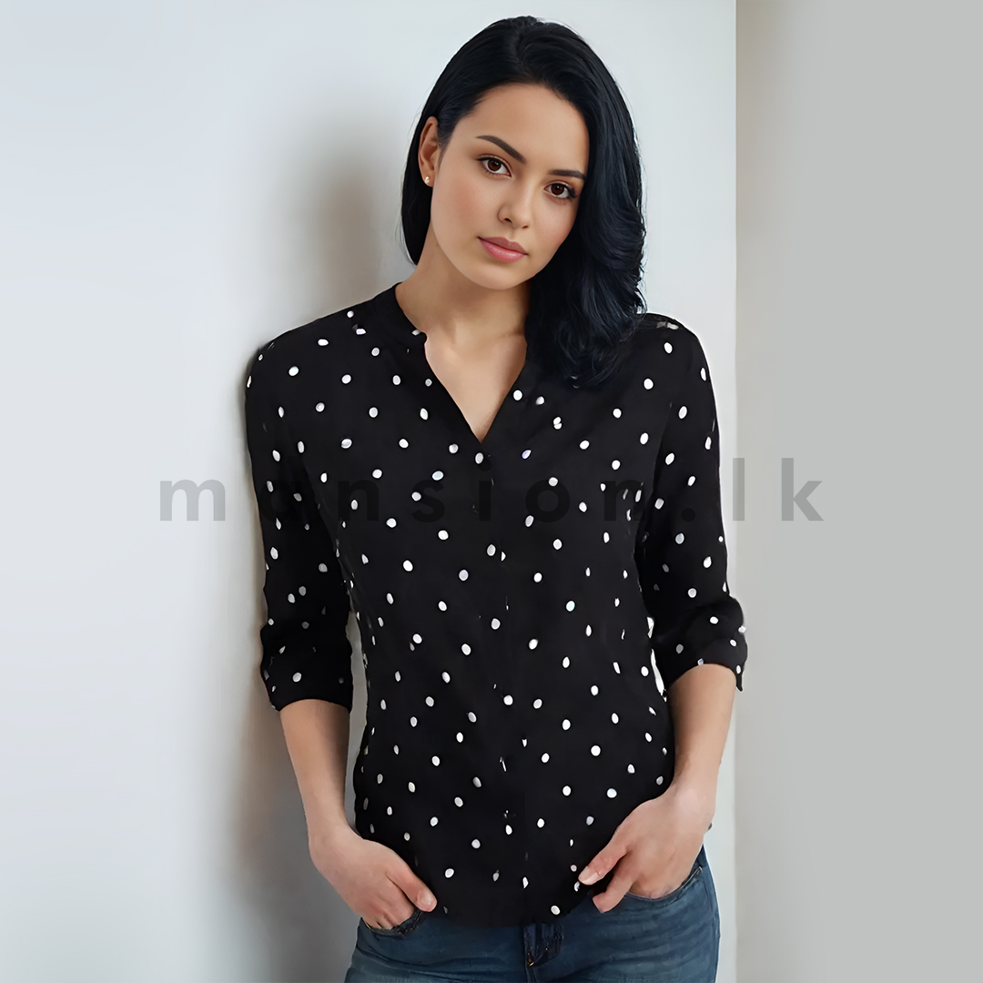 LT 9037 front Ladies Dotted Blouse - Black Ladies Dotted Blouse - Black - Image 1