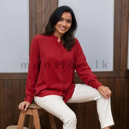 Chinese Collar Shirt Blouse - Berry Red