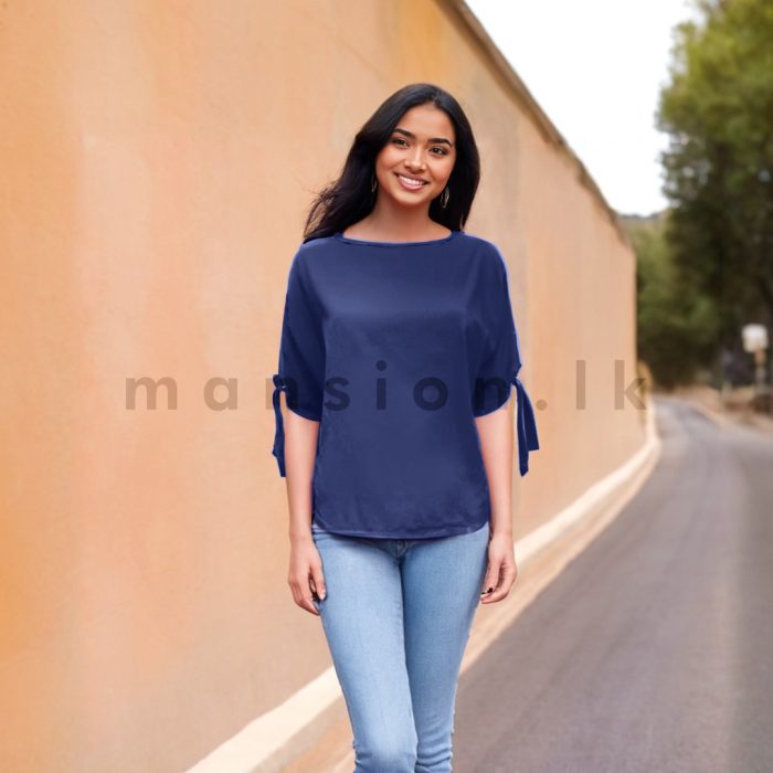 Knot Detail Linen Top - Navy - Image 1