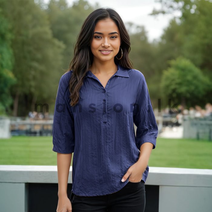 Back open Detail Shirt Blouse - Navy - Image 1
