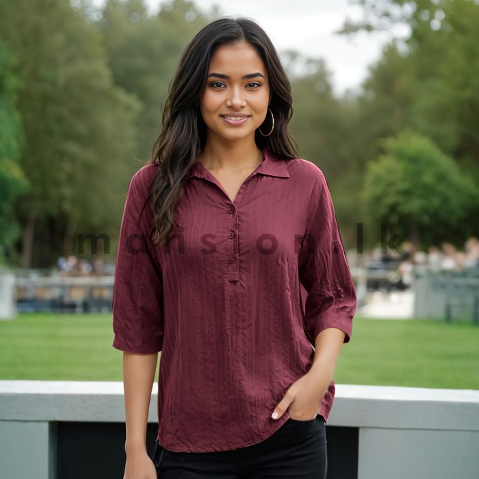 Back open Detail Shirt Blouse - Maroon - Image 1