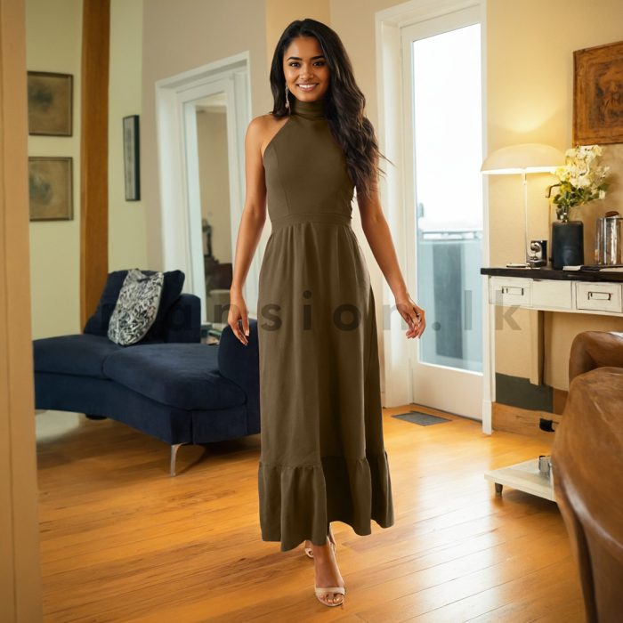 Halter Neck Long Dress - Brown - Image 1