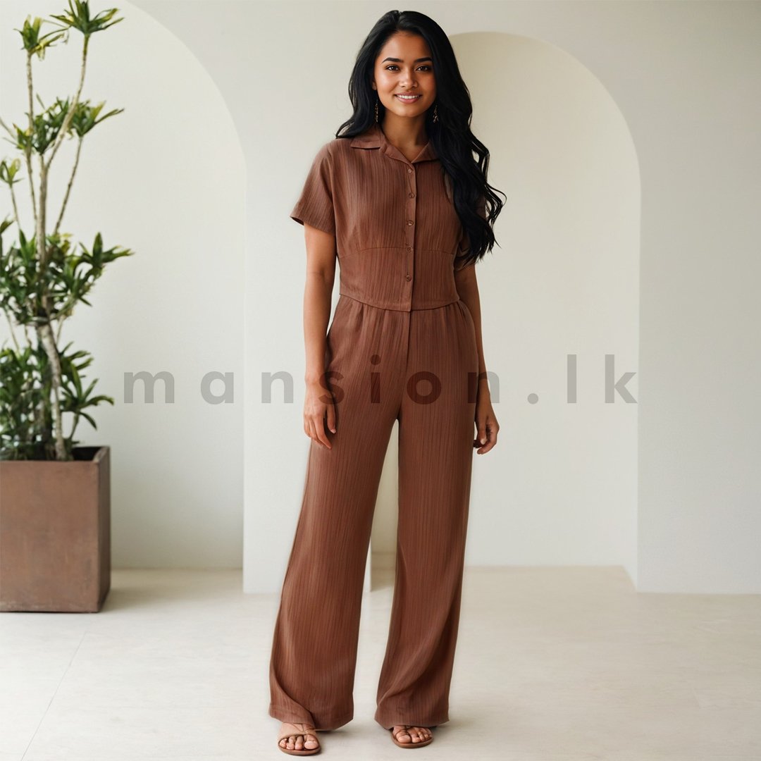 LD 9553 front Crop top and Pant Suite - Brown Crop top and Pant Suite - Brown - Image 1