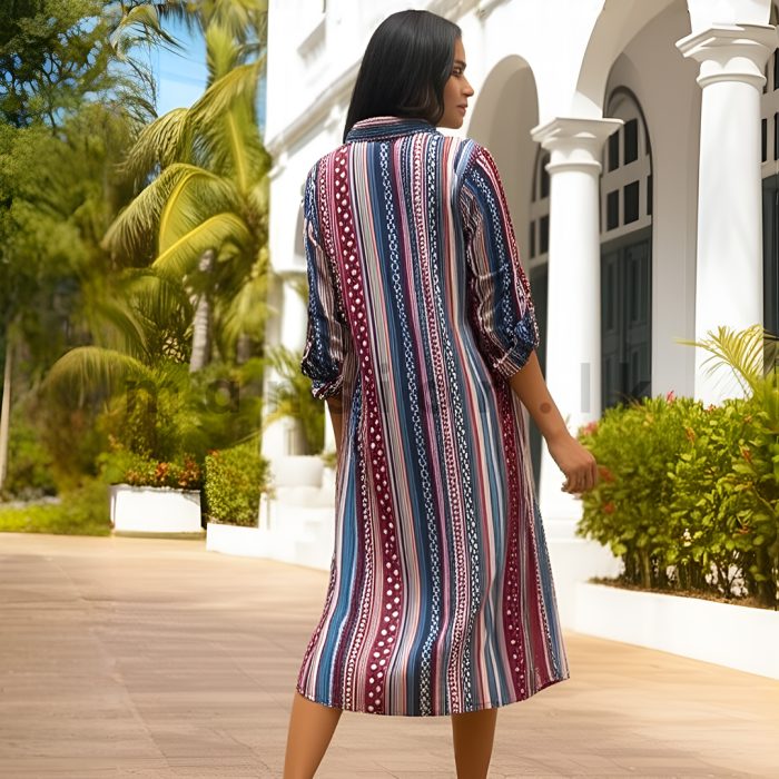 Printed Linen Shirt Dress - Maroon - Image 2
