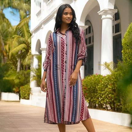 Printed Linen Shirt Dress - Maroon
