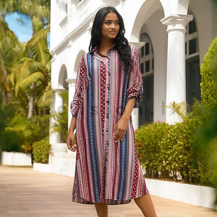 Printed Linen Shirt Dress - Maroon - Image 1