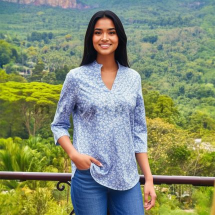 Printed V neck Blouse - Ice Blue