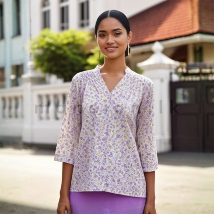 Printed V neck Blouse - Purple