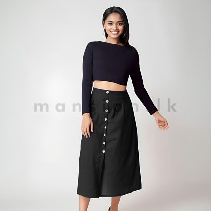 Button Detail Midi Skirt - Black