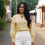 Printed Highneck Blouse - Dotted Ivory