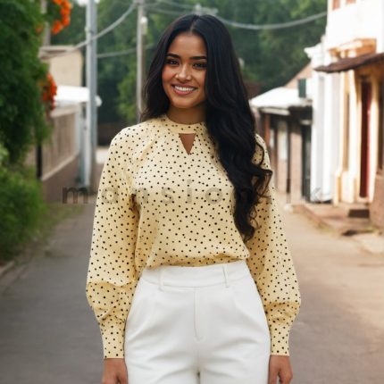 Printed Highneck Blouse - Dotted Ivory