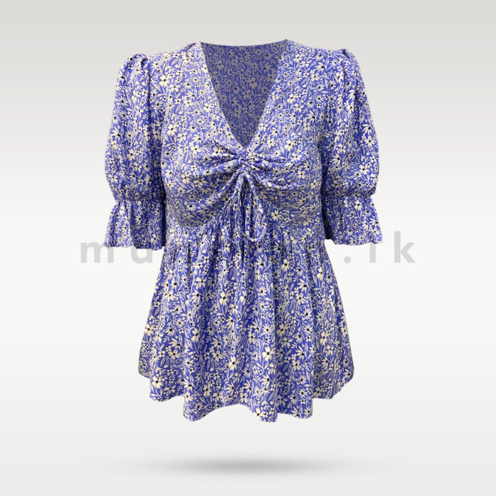 Puff Sleeve Blouse - Blue Blossom - Image 1