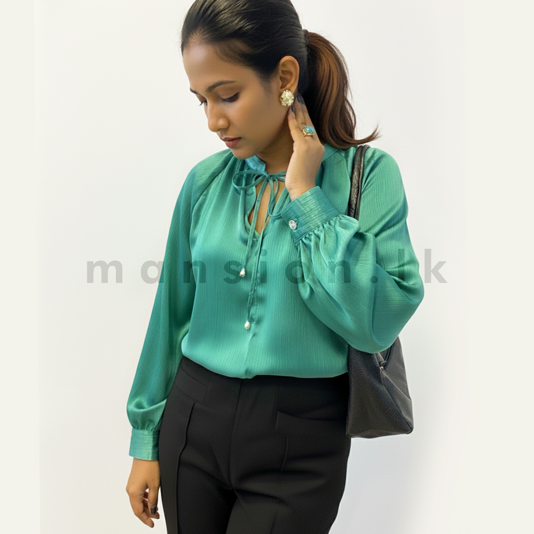 LT 0118 front Emerald Grace Tie-Neck Blouse - Image 1