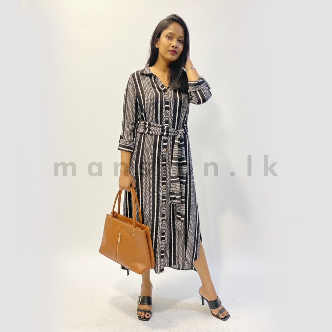 LD 0087 front Striped Shirt Dress - Black - Image 1
