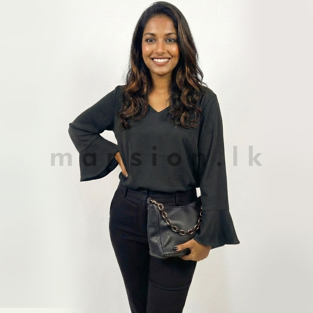 LT 0140 front Ruffle detail Long sleeve Top - Black - Image 1