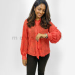Bloom Tie-Neck Button-Down Blouse - Crimson